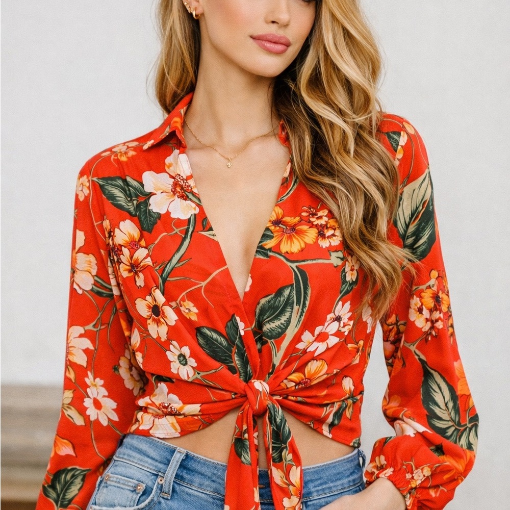 American Rag Orange Floral Tie Front Blouse Boho Crop Top Size L